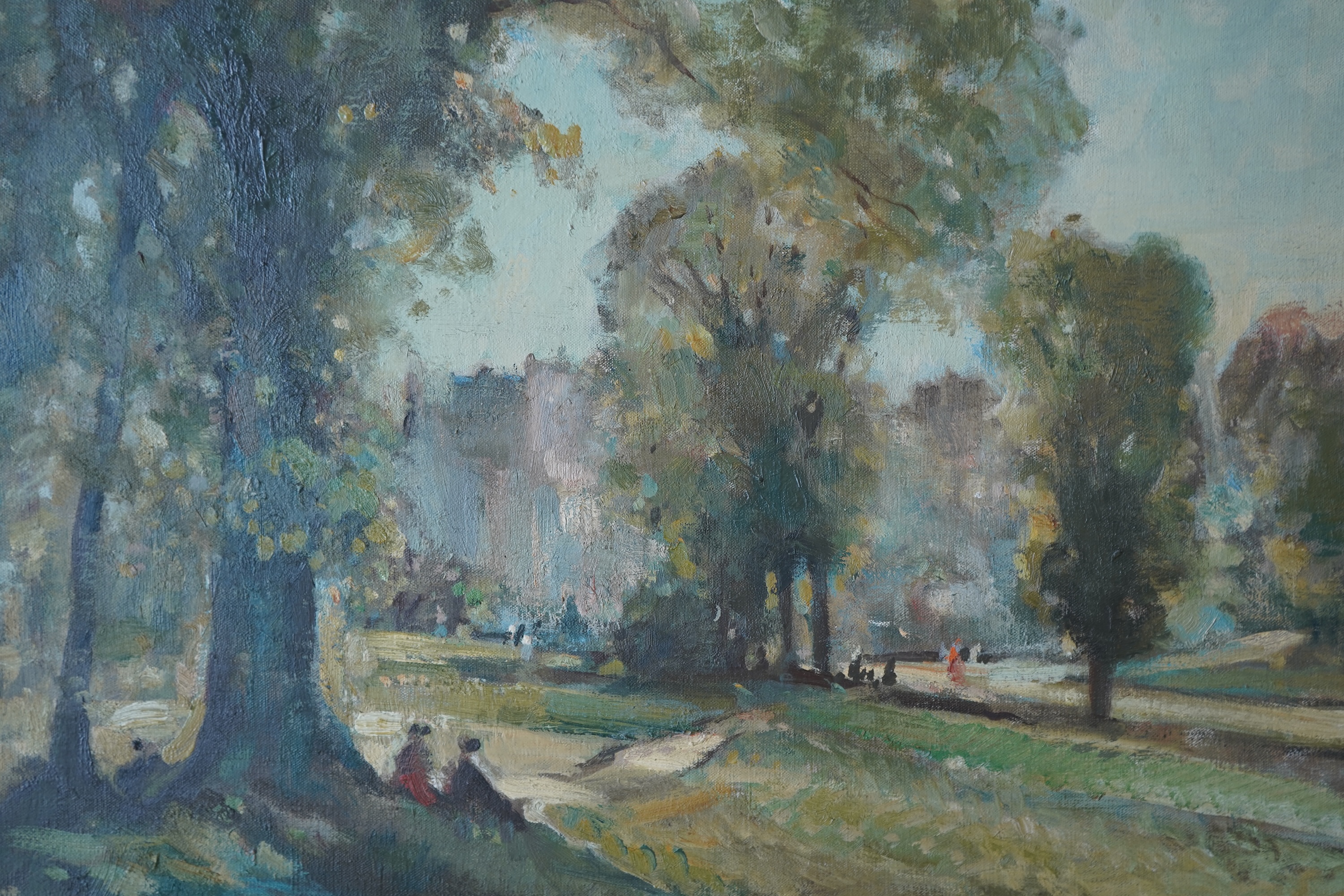 Follower of Edward Seago RBA, ARWS, RWS (1910-1974), Parkland scene with figures, a building in the background, unsigned, oil on canvas, ornate gilt framed, 39 x 49cm